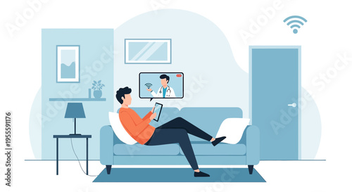 Man using tablet for online doctor consultation at home, telemedicine concept