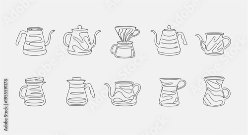 Collection of minimalist single-line drawings of various coffee brewing and serving vessels