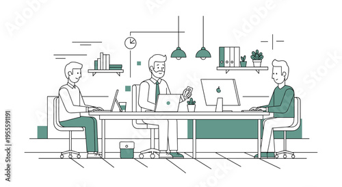 Three colleagues working together at a desk in a modern office environment, using laptops and computers