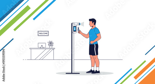 Man using thermal scanner for temperature check at reception desk, welcome sign