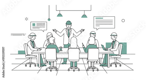 Diverse team of engineers in hard hats collaborating in a modern office meeting room