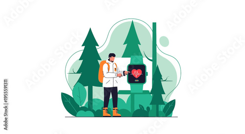 Man with smartwatch in forest, checking health data, outdoor activity concept