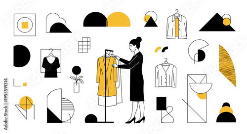 Woman choosing clothes from a rack in a minimalist, abstract fashion boutique setting