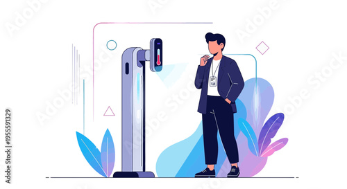 Man with thermometer checks temperature at contactless scanner, health screening