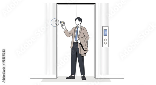 Man with thermometer scanning elevator button for COVID-19 safety