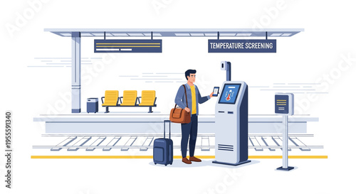 Man with luggage at temperature screening station in train station