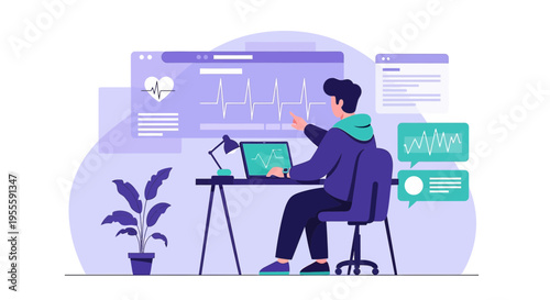 Man working on medical data analysis on laptop, heart rate graph on screen