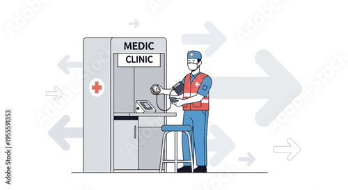Medic clinic booth with doctor measuring blood pressure, healthcare concept