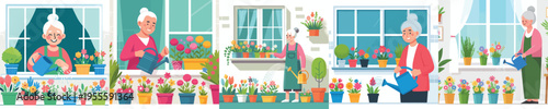 vector of grandma taking care of flowers on window in spring