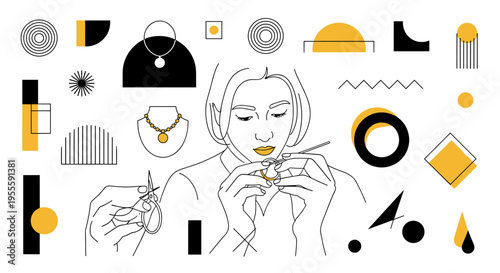 Artistic jewelry maker crafting a gold ring with precision tools and abstract shapes