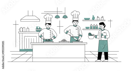 Three chefs in a modern kitchen preparing food with fresh ingredients and culinary tools