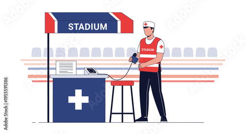 Medical aid station in stadium with nurse checking vital signs of athlete