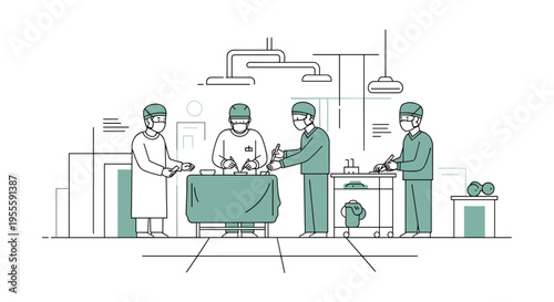 Medical team performing surgery in a modern operating room with minimalist line art style