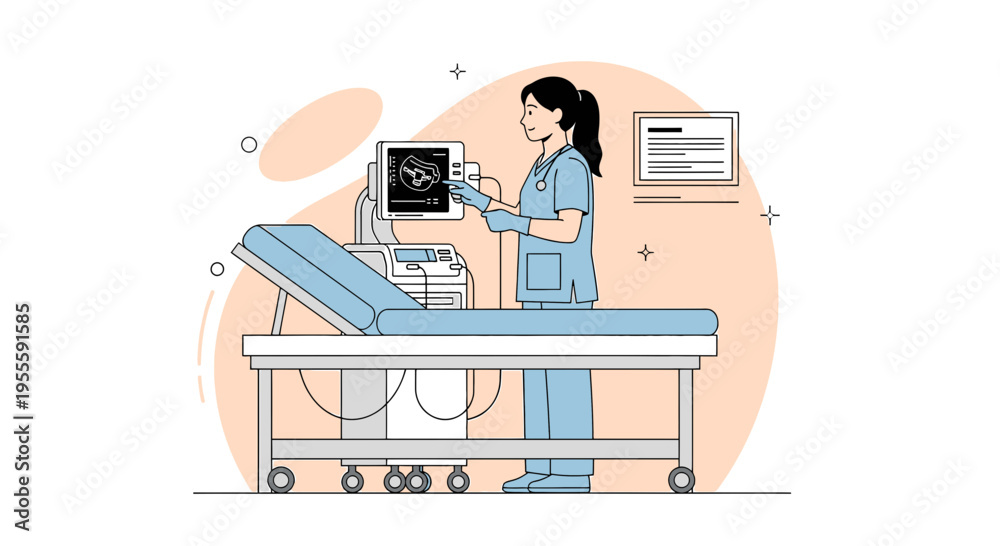 Fototapeta premium Medical professional operating ultrasound machine, showing baby image on screen in clinic
