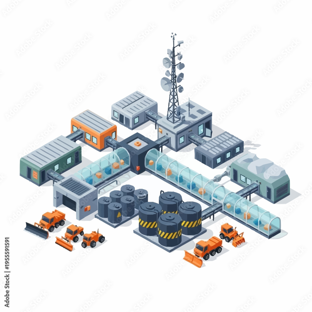 Obraz premium Isometric view of a futuristic industrial complex with various buildings and vehicles.