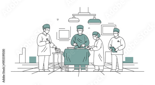 Medical team in surgical attire performing a procedure in a modern operating room