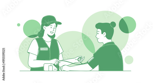 Medical professional checks patient's blood pressure, health checkup, doctor and patient illustration