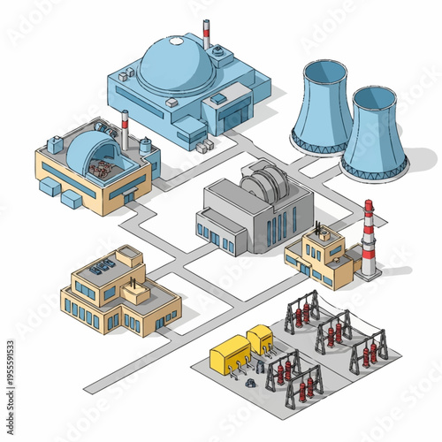 Isometric Power Generation and Distribution Network Illustration.