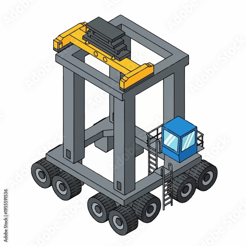 Isometric Straddle Carrier with Blue Cabin and Yellow Crane.