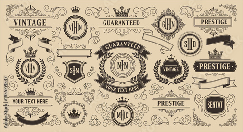 Vintage decorative elements set with badges frames ribbons crowns shields and labels with typography. Vector engraving style illustration isolated on beige background. Retro branding concept. Design 