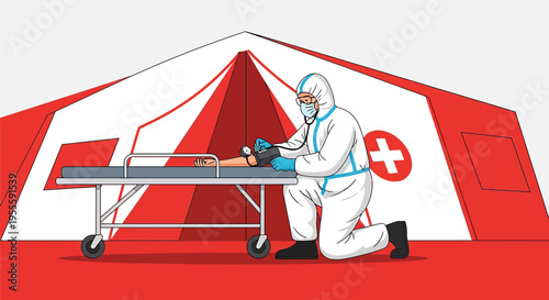 Medical professional in protective suit examines patient on stretcher in tent