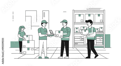 Warehouse workers organizing packages and managing inventory with a laptop and shelves