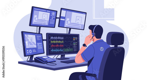 Medical professional monitoring patient vital signs on multiple screens in a control room.