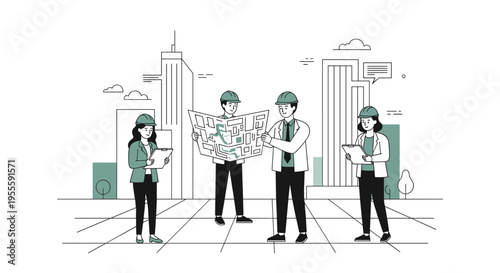 Diverse team of architects and engineers collaborating on a city development blueprint