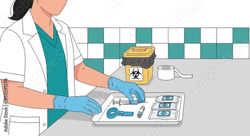 Medical professional preparing sterile instruments and biohazard waste disposal