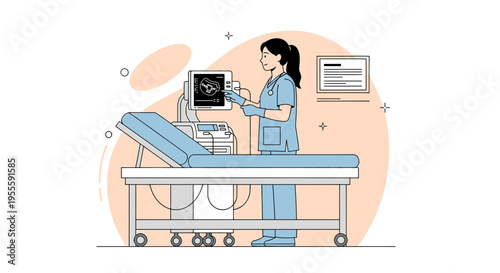 Medical professional operating ultrasound machine, showing baby image on screen in clinic