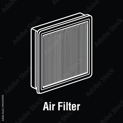 Rectangular Pleated Engine Air Filter Component with Rubber Edge Seal - Technical Vector Line Art Icon on a Black Background