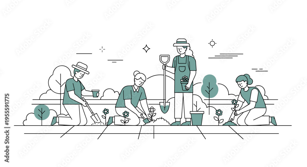 Obraz premium Diverse group of people planting flowers and gardening together in a park setting