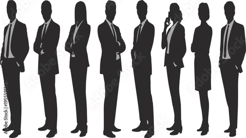 Black silhouette icons of business professionals in formal attire, standing in corporate postures with phones and gestures, workplace team illustration set
