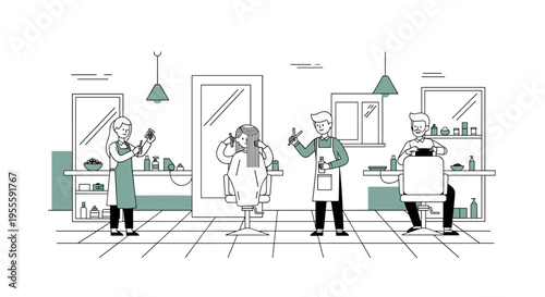 Diverse barbershop scene with stylists cutting and styling hair for clients