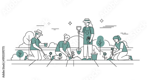 Diverse group of people planting flowers and gardening together in a park setting