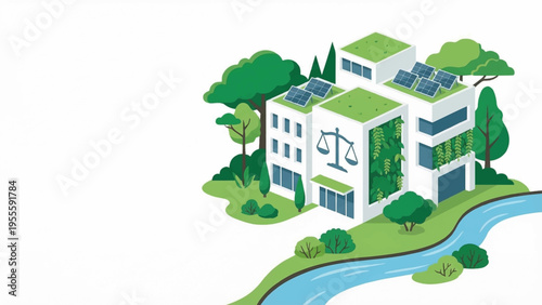 Eco friendly office building with green roof and trees near a river symbolizing sustainability and environmental balance in a serene setting with natural
