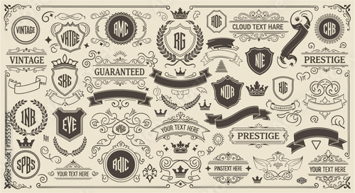 Collection of vintage emblems, crests, banners, and monograms with ornate decorative elements