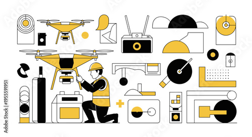 Drone technology and engineering concepts illustrated with geometric shapes and a technician
