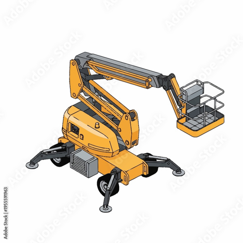 Yellow and grey articulated boom lift with outriggers, a versatile aerial work platform for construction and maintenance.