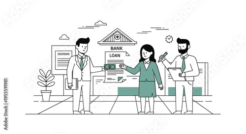 Bank loan officer handing money to client with colleague observing and signing documents