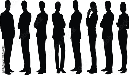 Black silhouette icons of diverse business professionals standing in corporate postures, teamwork and office unity illustration set for workplace design projects