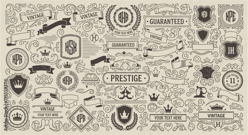 Vintage decorative elements set with badges frames ribbons crowns shields and labels with typography. Vector engraving style illustration isolated on beige background. Retro branding concept. Design 