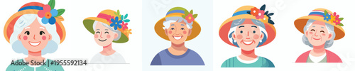 half body vector of grandma wearing flower hat in spring