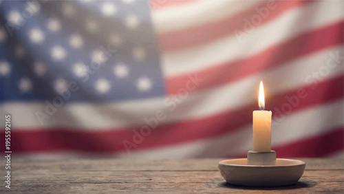 Lit candle in metal holder on wooden surface with american flag background symbolizing hope and freedom