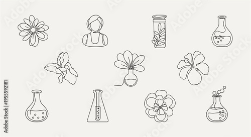 Minimalist line art collection of flowers and laboratory glassware on a neutral background