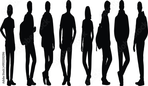 Black silhouette icons of diverse people standing in casual postures with backpacks and everyday clothing, human figure illustration set for design projects