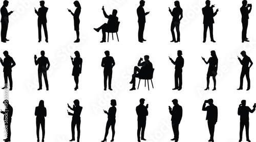Black silhouette icons of diverse men and women using smartphones in standing and sitting poses, modern mobile device communication illustration set