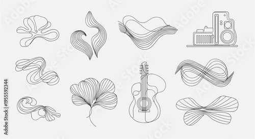 Collection of abstract line art elements including musical instruments and organic shapes