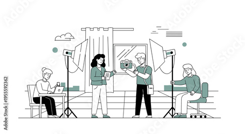 Photography studio scene with people working and interacting around a camera and lighting equipment