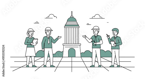 Team of architects or engineers discussing plans in front of a government building